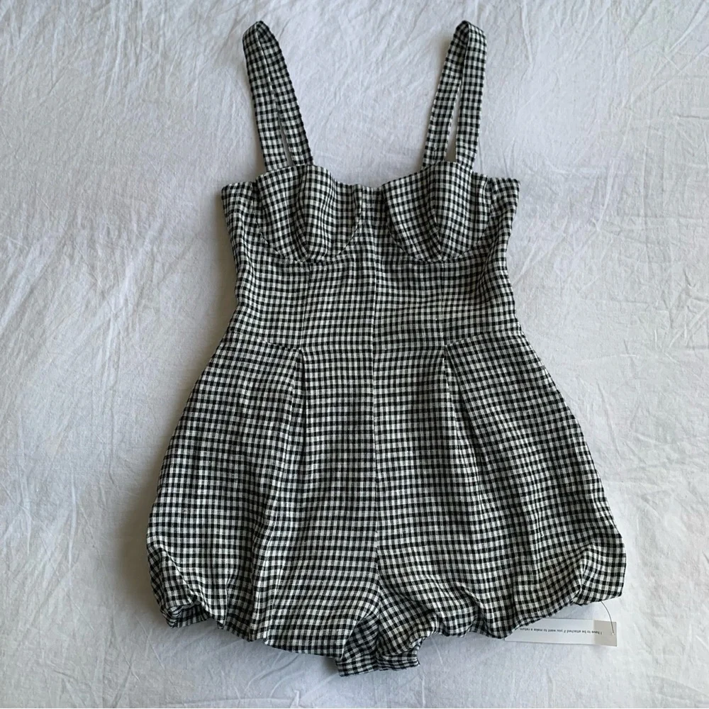NWT Reformation Lydia Linen Gingham Bubble Hem Romper Remy Check Black White